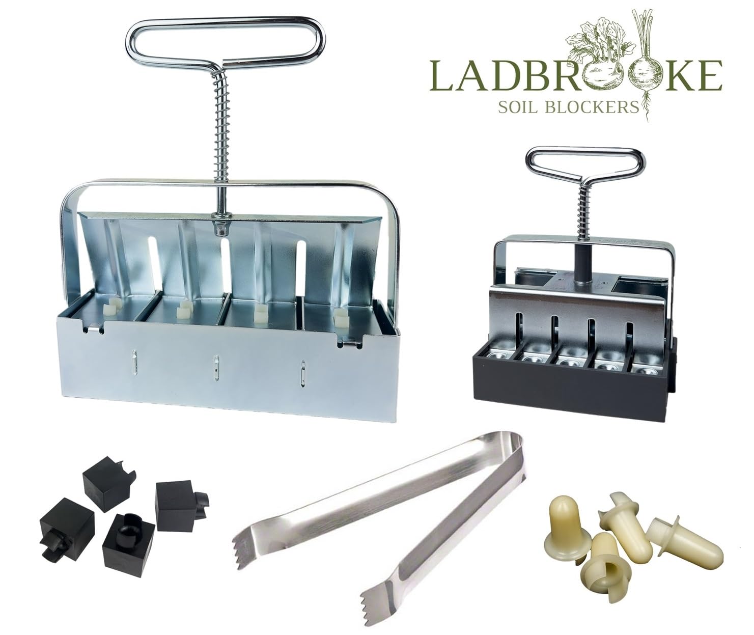 Authentic Ladbrooke Soil Block Maker 5-Pc. Essentials Nesting System Includes Mini 4, Micro 20, Cubic Inserts, 1" Seed Dibbles, and Grow Tweezers, Made in England
