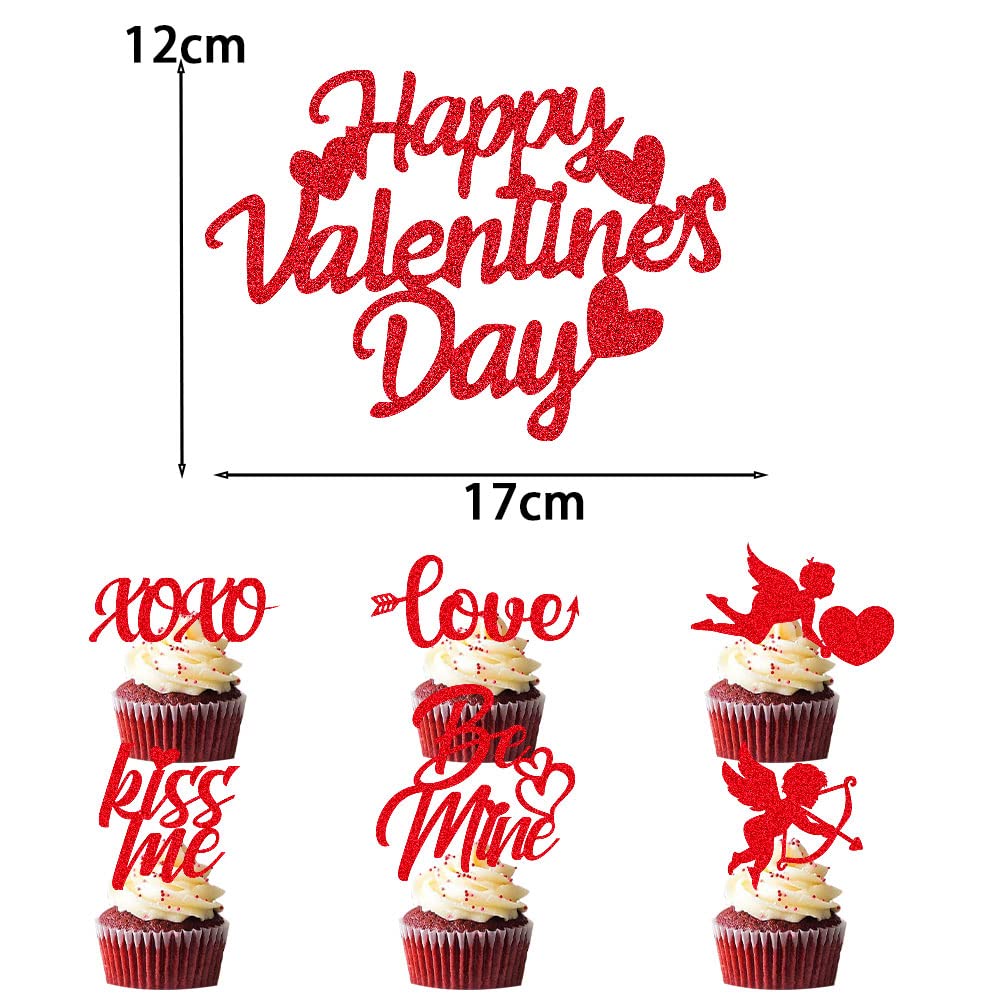 25pcs Glitter Red Happy Valentine's Day Cake Toppers Food Cookies Cake Decorations for Valentine's Day Party Suppliers