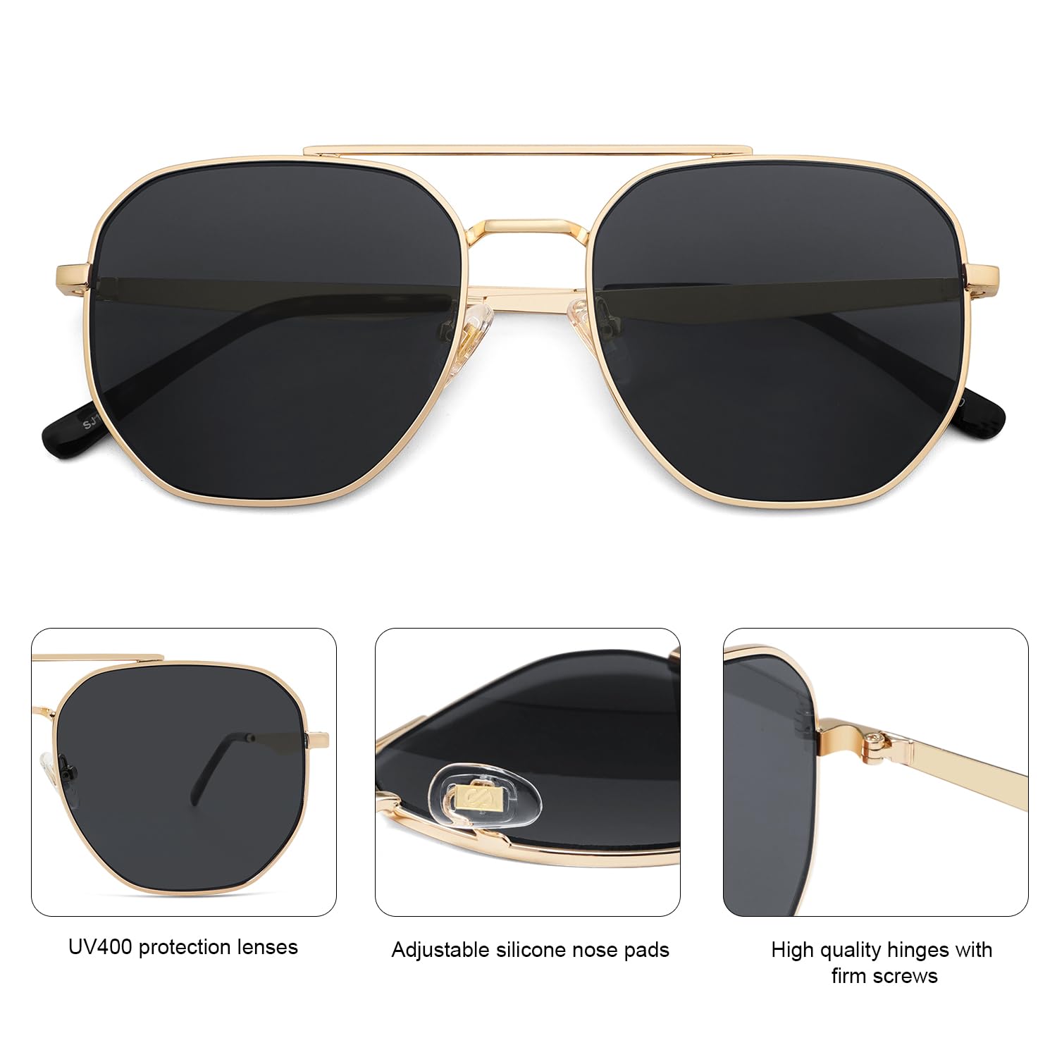 SOJOS Classic Square Aviator Sunglasses for Women Men Retro Hexagon UV400 Protection Shades SJ1222, Bright Gold/Black