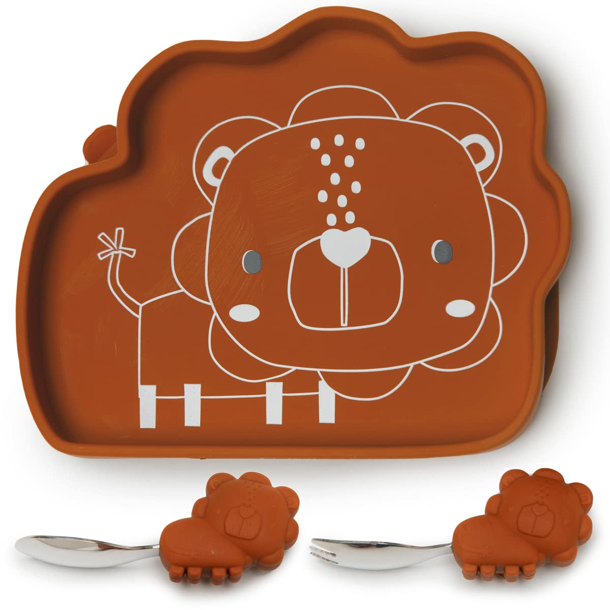 Loulou Lollipop Toddler Silicone Suction Snack Plate, Learning Fork and Spoon Set (Lion)