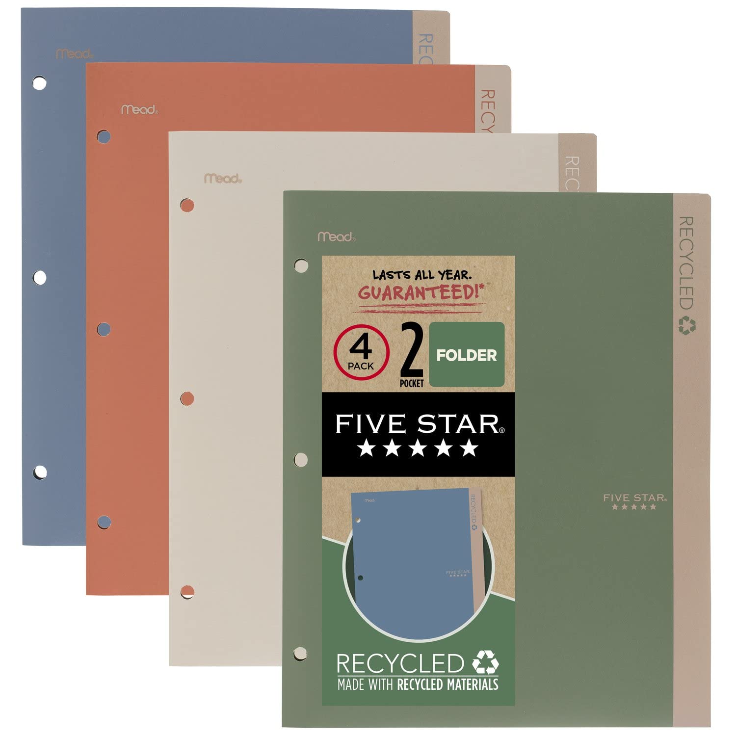 Five Star 2 Pocket Folders, 4 Pack, Recycled Plastic Folders with Stay-Put Tabs and Prong Fasteners, Fits 3-Ring Binder, Holds 11” x 8-1/2” Paper, Writable Label, Clay, Green, Blue, Gray (33002)