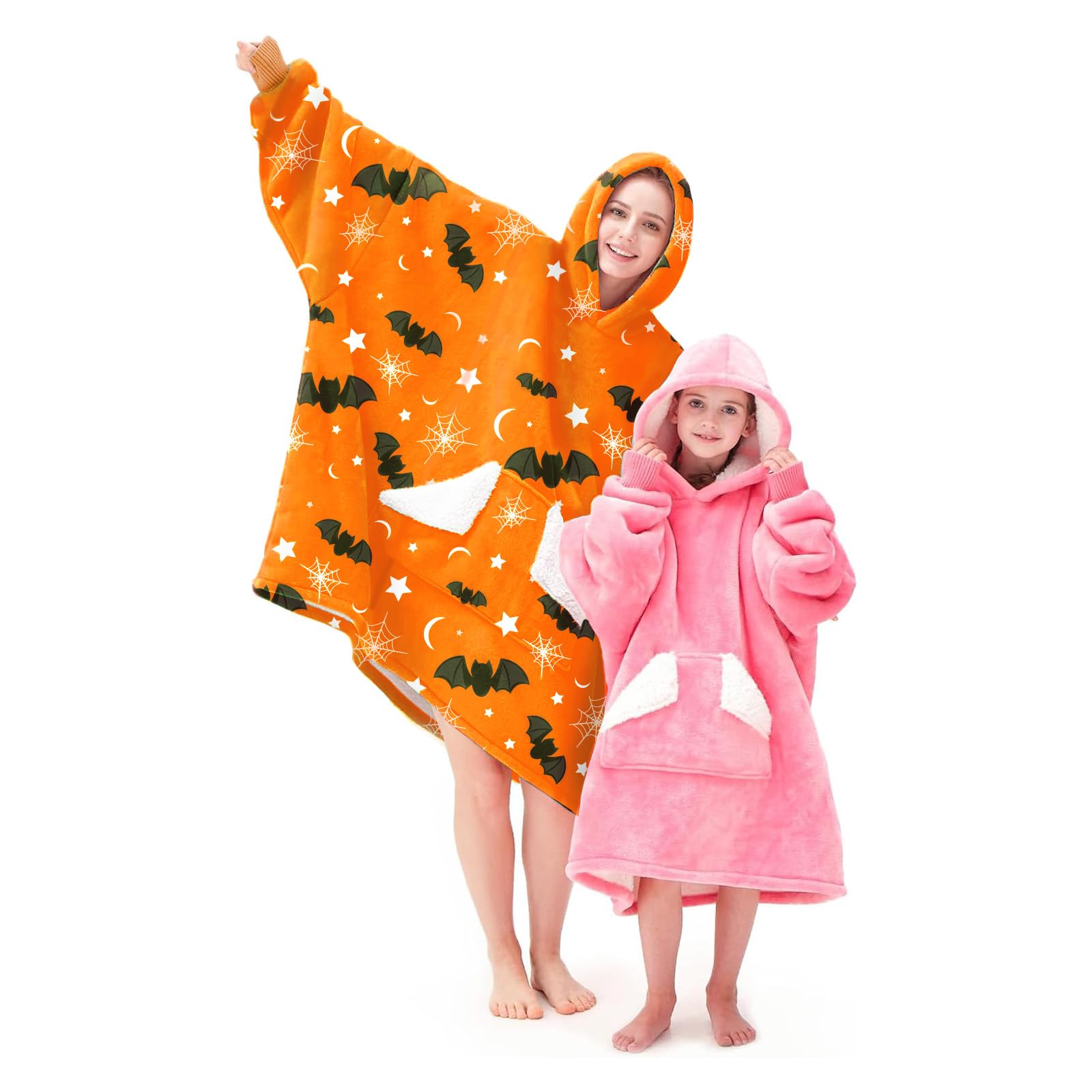 Touchat Halloween Wearable Blanket Hoodie, Orange Bat Costume Oversized Sherpa Fleece Sweatshirt Blanket with Giant Hood Pocket and Sleeves for Adult, Warm & Cozy Grey Blanket Gifts for Women