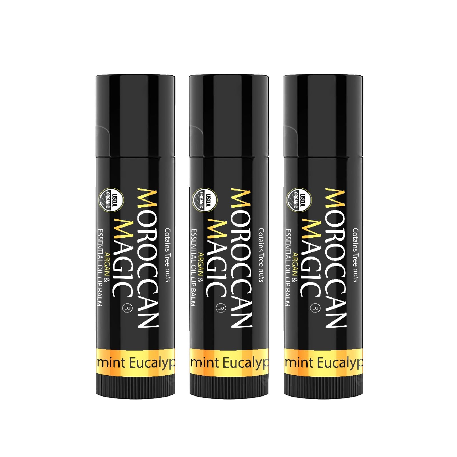 Moroccan Magic Organic Peppermint Eucalyptus Lip Balm 3 Pack | Chapsticks for Dry Lips | Natural Argan & Essential Oils Lip Moisturizer + Vitamin E | Smooth, Hydrating, Non-Toxic | Organic Lip Balm