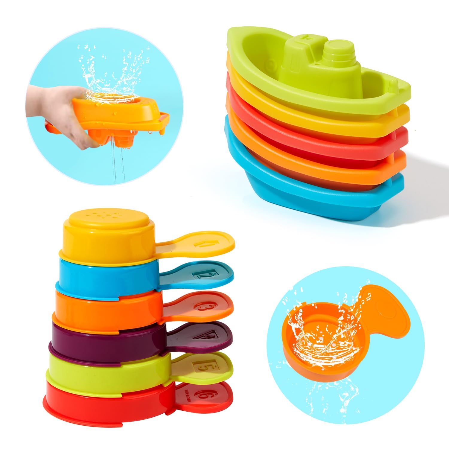Baby Bath Toys for Kids Ages 1-3, 11PCS Mold Free Bath Toys for Toddlers with Floating Boats and Spoons, Baby & Toddler Bathtub Water Table Pool Sand Play Toys for Christmas Stocking Stuffers