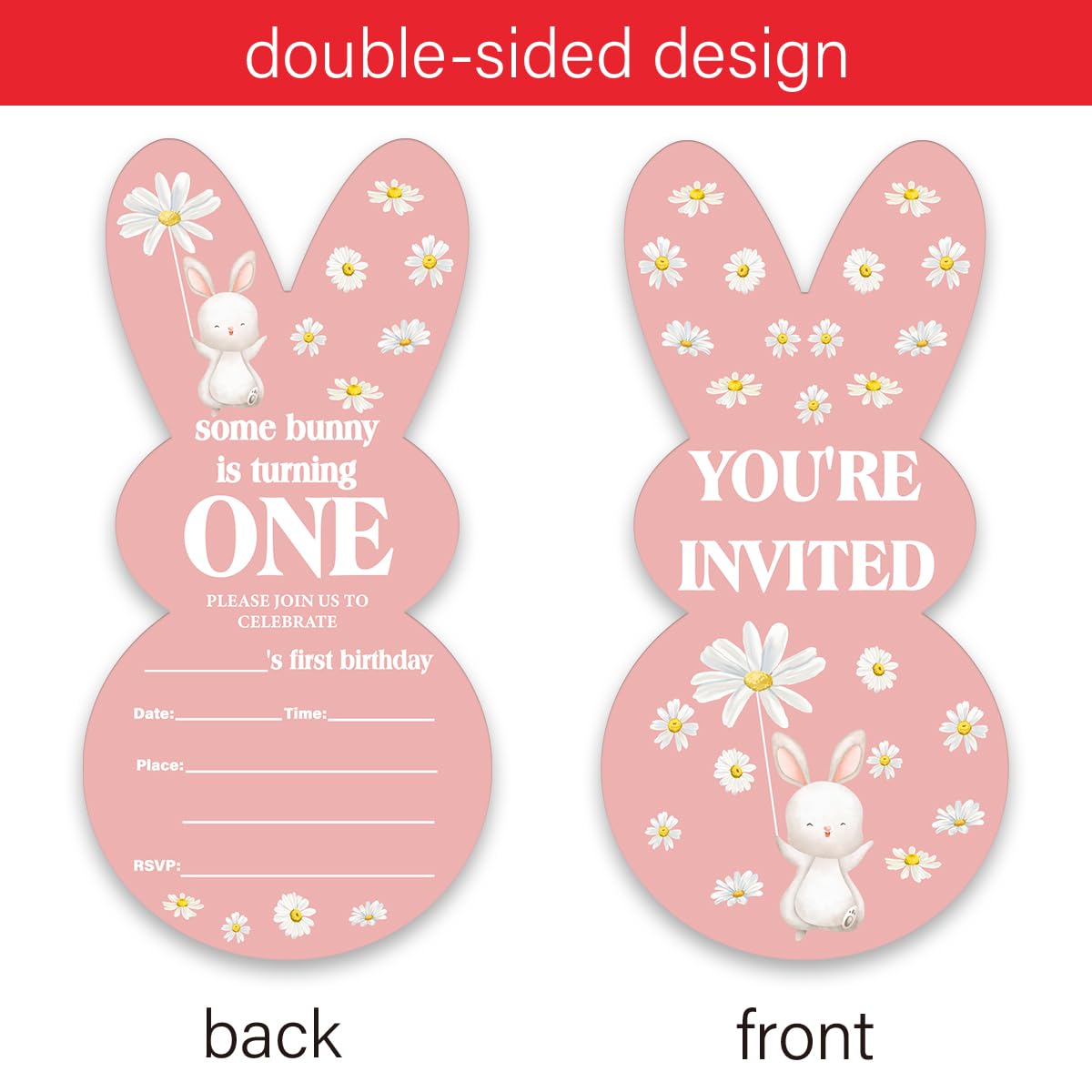 LyoGao Bunny 1st Birthday Party Bunny Shaped Invitations - Some Bunny Is Turning One Boho Daisy Rabbit First Birthday Party Fill in Invites Cards with Envelopes (Set of 20)