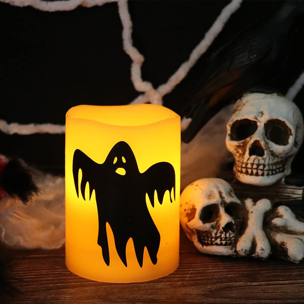 GenSwin Halloween Battery Flameless Candles with 6 Hour Timer, Real Wax Flickering LED Candles Set of 2 Ghost, Halloween Cat Decal for Halloween Home Decoration Gifts(3 x 4 Inch)