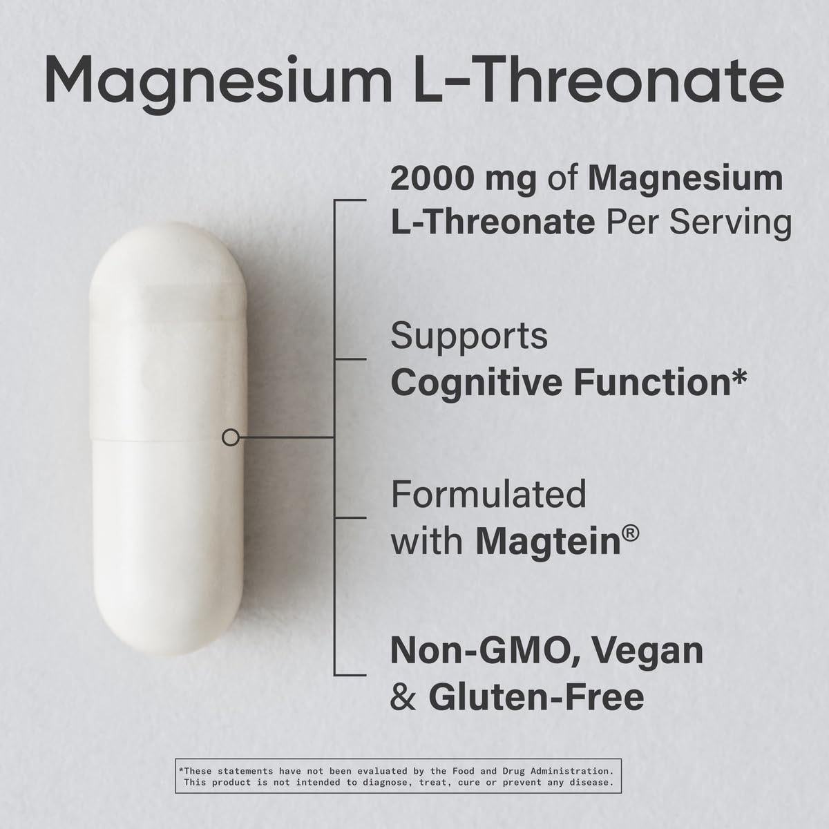 Sports Research Magtein Magnesium L-Threonate Capsules - Magnesium Supplement for Memory, Focus & Cognition - Magnesium L Threonate Supports Brain Health, Sleep & Mood - 2000mg, 90 Capsules for Adults