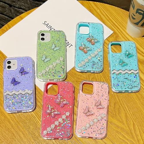 Puxicu Bling Glitter Case for iPhone 14 Pro Case 6.1" for Women Girls, Pretty Butterfly Flash Diamond Relief Pattern, Sparkling Powder Decoration, 3 in 1 Heavy Duty Shockproof Protection, Blue