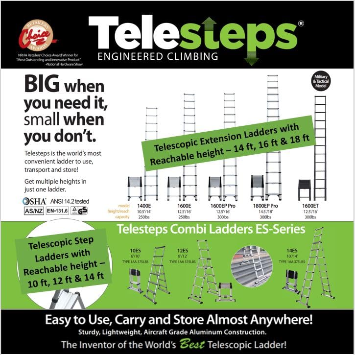 Telesteps 1800EP Automatic Telescoping Ladder, Patented One-Touch Release, OSHA Compliant, 14.5 ft Extended Height, Up to 18 ft Reach, Wide Pro Step, Telescoping Extension Ladder