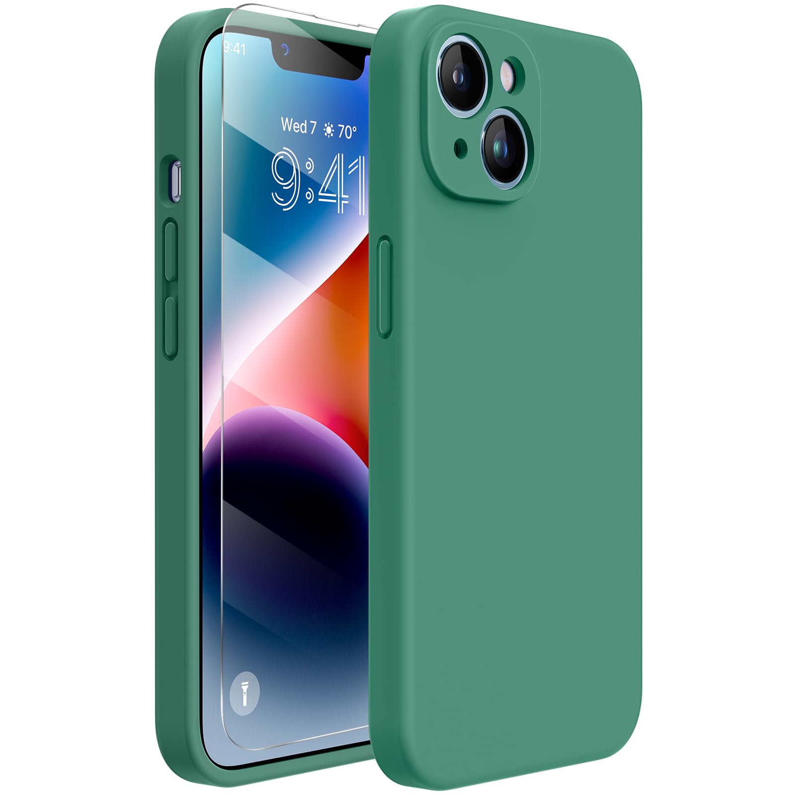 Miracase Designed for iPhone 14 Case with Screen Protector,[Upgraded Enhanced Camera Protection],Shockproof Liquid Silicone Case with Microfiber Lining, 6.1 inch,Acacia Green