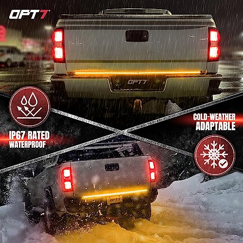 OPT7 48" Redline Parlux Triple Row LED Tailgate Light Bar w/Sequential Amber Turn Signal - Weatherproof Rigid Aluminum Light Strip for Colorado Frontier Ranger - Full Function Reverse Brake Running