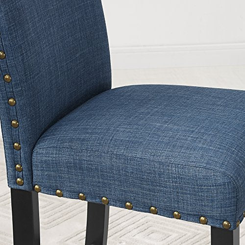 Roundhill Furniture Collection Biony Espresso Wood Dining Set with Blue Fabric Nailhead Chairs,