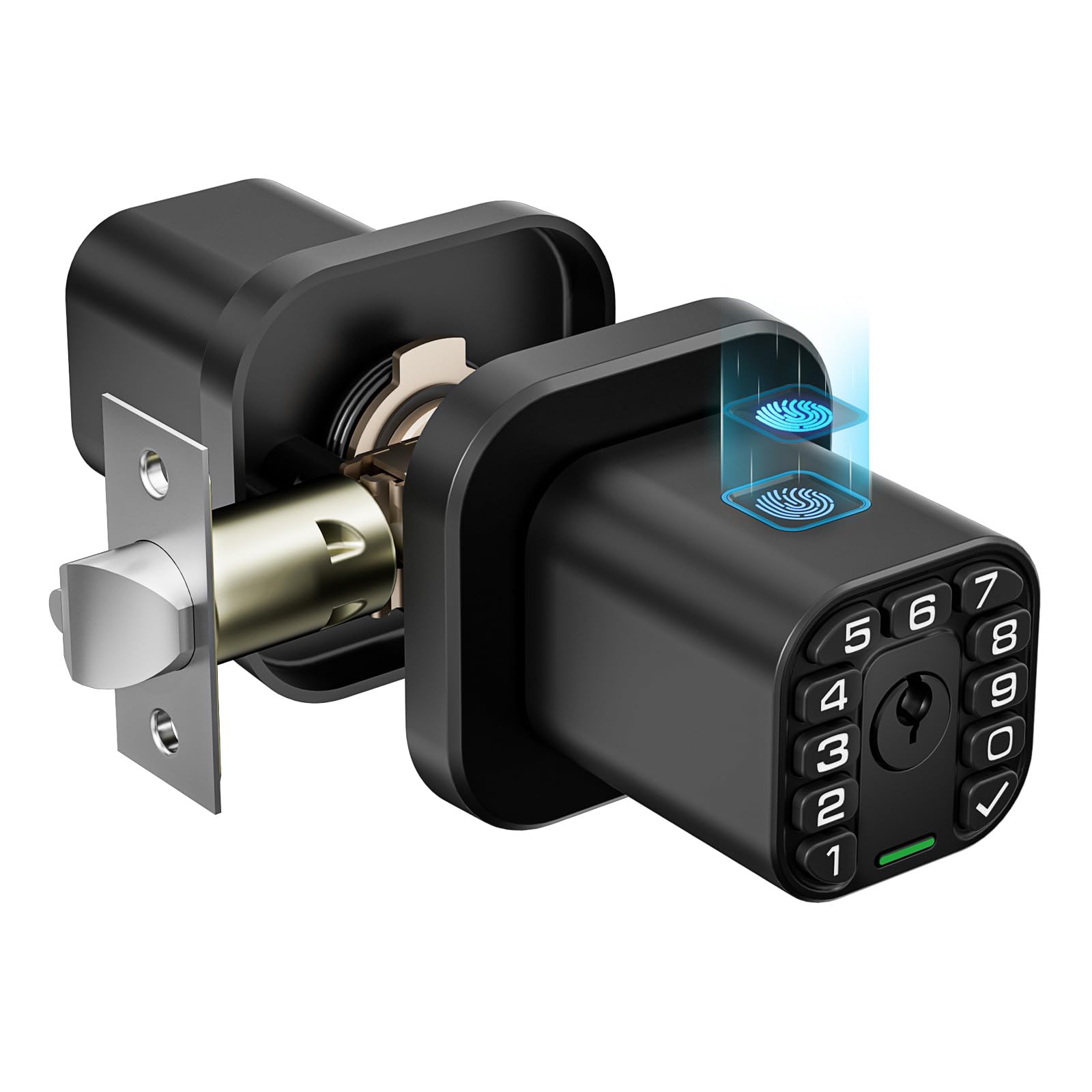 Richelock Fingerprint Door knob, Smart Biometric Door Lock with Keypad, Keyless Entry Code Door Knob, Waterproof & Weatherproof , Auto Lock ,Voice Navigation, For Bedroom, Gate,Office -Matte Black