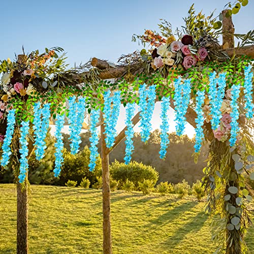 Pauwer Wisteria Hanging Flowers 24 Pack Fake Flower Garland Artificial Wisteria Vines Rattan Silk Flower String Wedding Party Wall Decorations,Blue