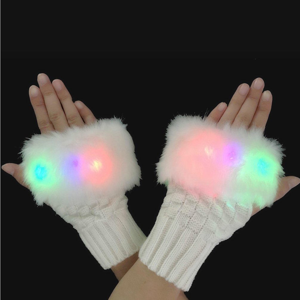 Luwint LED Glow Blink Fur Fingerless Knit Gloves - Funny Light Up Mitten for Party Christmas Halloween Costume