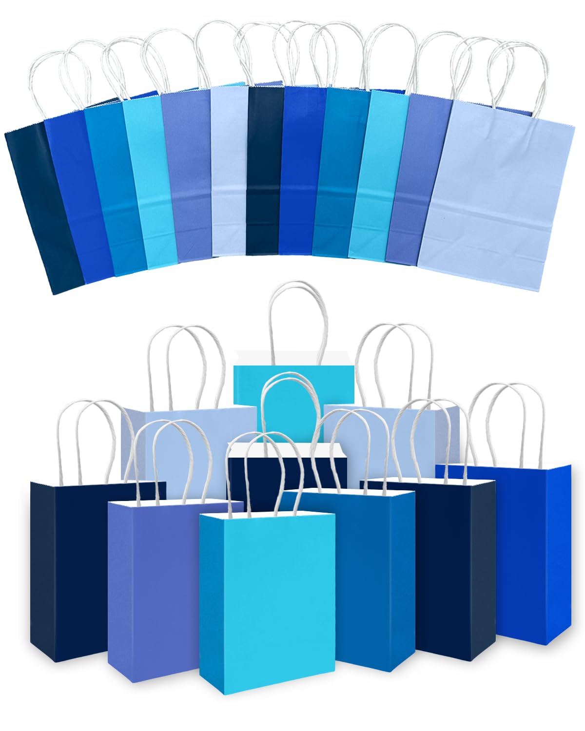 qiqee 30PCS Small Gift Bag with Handles Bulk 8.3"x6"x3" Gift Bags 6 Different Blue Color Bags Multiple Uses (Small Size)