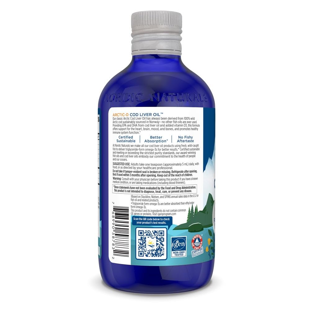 Nordic Naturals Arctic-D Cod Liver Oil, Lemon - 8 oz - 1060 mg Total Omega-3s + 1000 IU Vitamin D3 - EPA & DHA - Heart, Brain, Bone, Immune & Mood Support - Non-GMO - 48 Servings