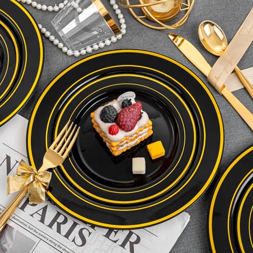 bUCLA 150 Pieces Black and Gold Disposable Dinnerware Set - 25 Guests Black Gold Plastic Plates Include 25 Dinner & 25 Dessert Plates, 25 Spoons, 25 Forks, 25 Knives, 25 Cups for Party