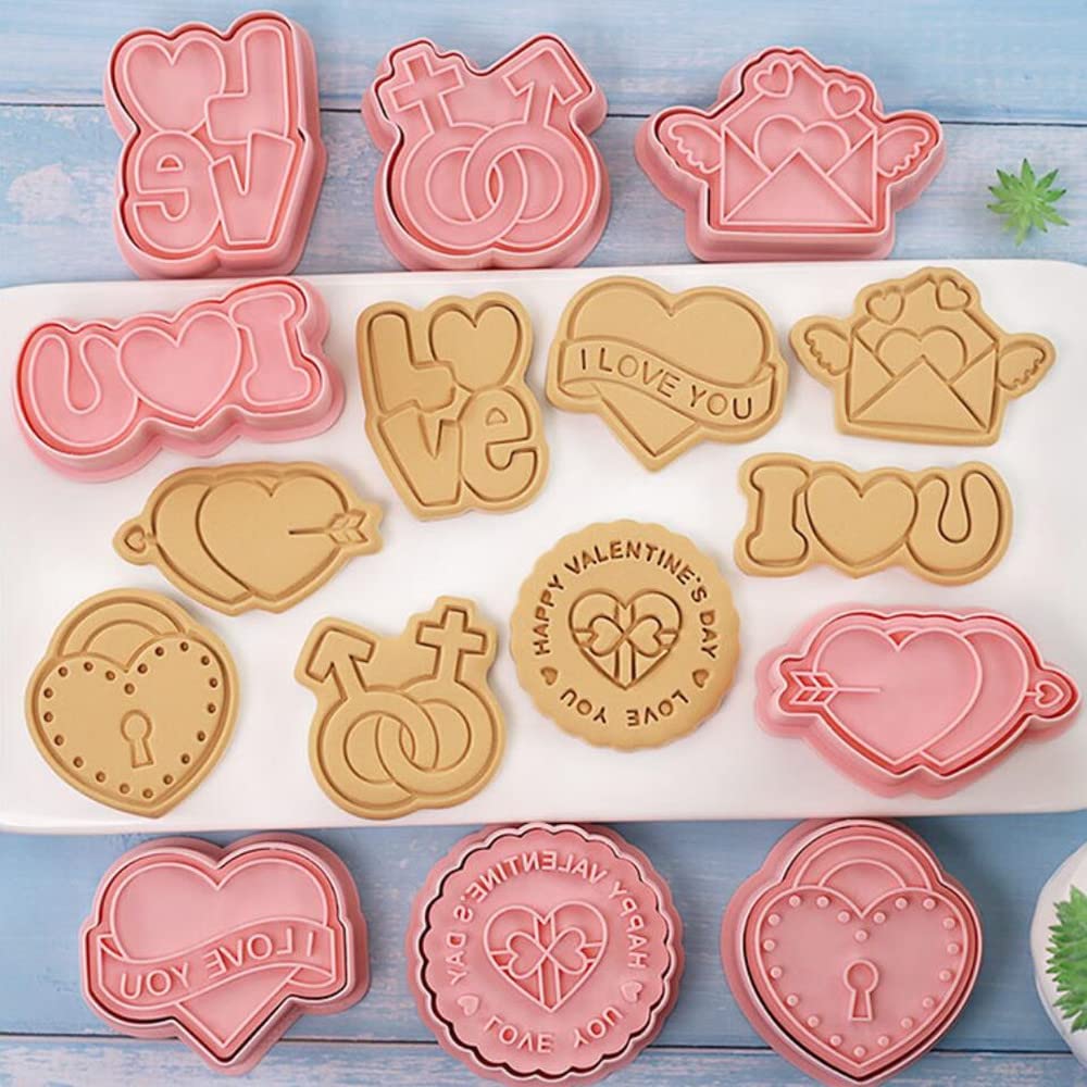 8 Pieces Valentine's Day Cookie Moulds For Baking I Love You Cookie Press Cookie Mould Set Kitchen Tools Plastic Cookie Stamps (Valentine's Day A)