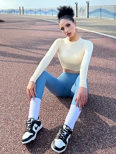 Flutnel womens 3 Piece Crop Top Long Sleeve Crew Neck Stretch Fitted Workout Exercise, Black/White/Khaki, Large