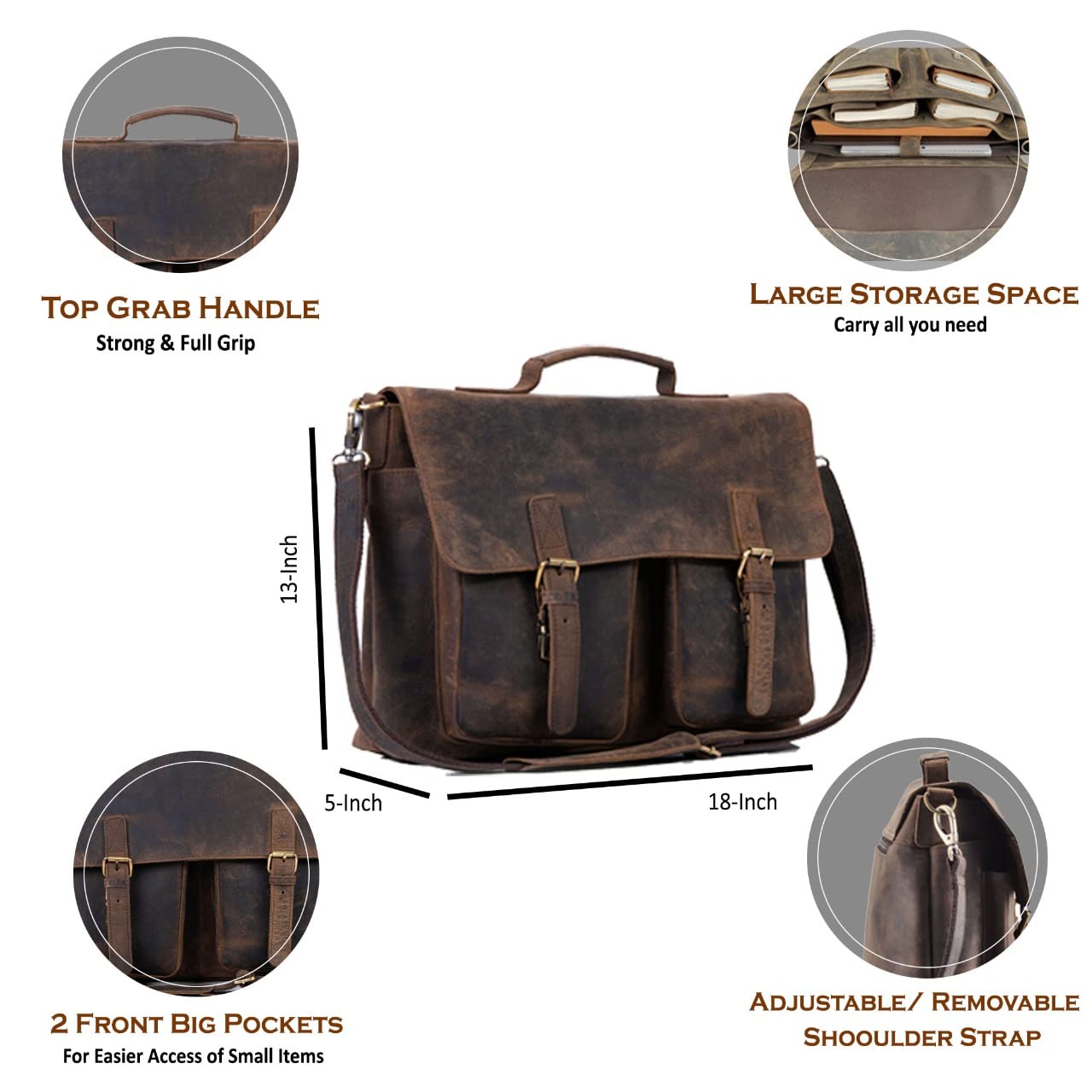 KomalC 18 Inch Leather briefcase Laptop Messenger Bags for Men and Women Best Office Satchel Bag (Messenger Bag)