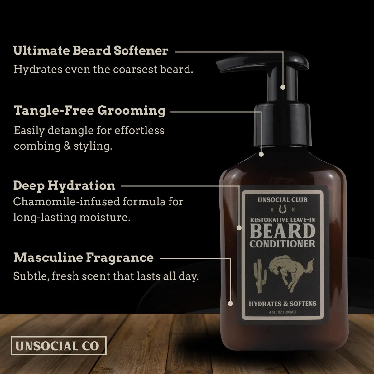 Unsocial Club Leave-In Beard Conditioner for Men | Beard Hydration, Softener & Detangler with Chamomile Extract | 4oz Pump Bottle
