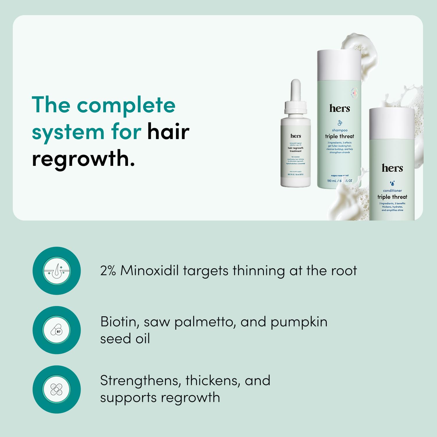 hers Triple Threat Shampoo, Conditioner, and 2% Minoxidil Set - Biotin, Saw Palmetto, & Pumpkin Seed Oil - Supports Hair Regrowth for Women - Color-Safe & Paraben-Free - Napa Rose Scent - 3 Count