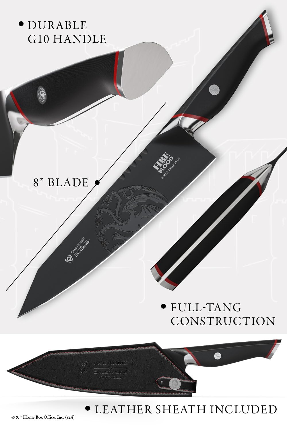 Dalstrong Chef Knife - 8 inch - Game of Thrones™ - House Targaryen™ Edition - German Premium Steel Full Tang - Professional G10 Handle - Collection Item Kitchen Knife Cooking - Leather Sheath