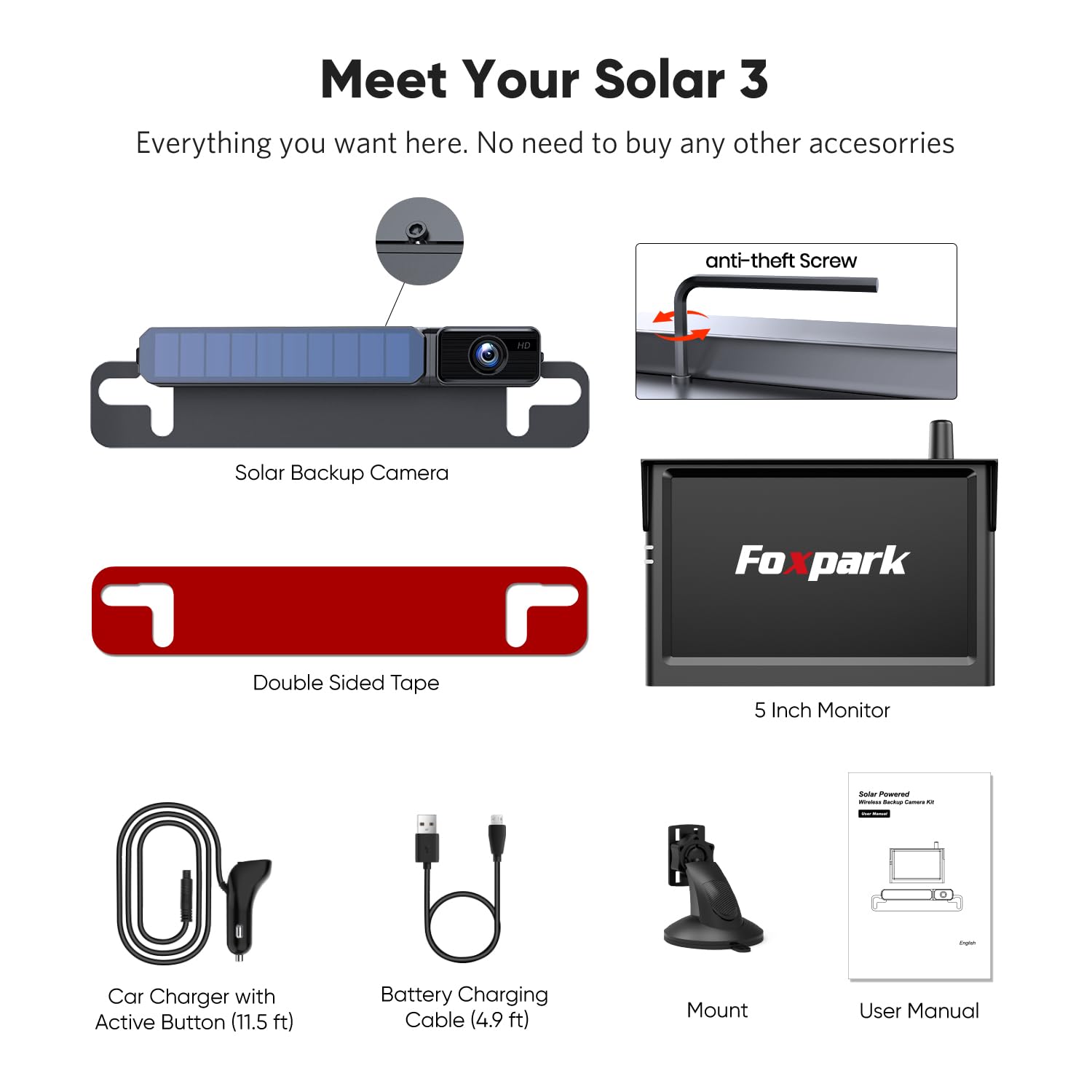 Foxpark Solar Wireless Backup Camera, 1080P 5'' Monitor Back Up Camera Systems Wireless, 3 Mins DIY Installation, Reverse Camera for Car, Truck, Van, RV (S3)