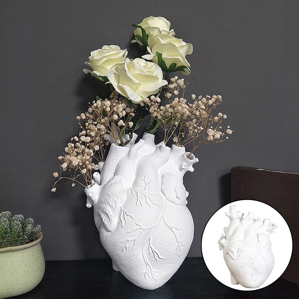 Prettyia Creative Vase, Anatomical Heart Flower Pot Sculpture Resin Statue, Modern Office Home Living Room Desktop Decoration, White 11.5x8x16.5CM