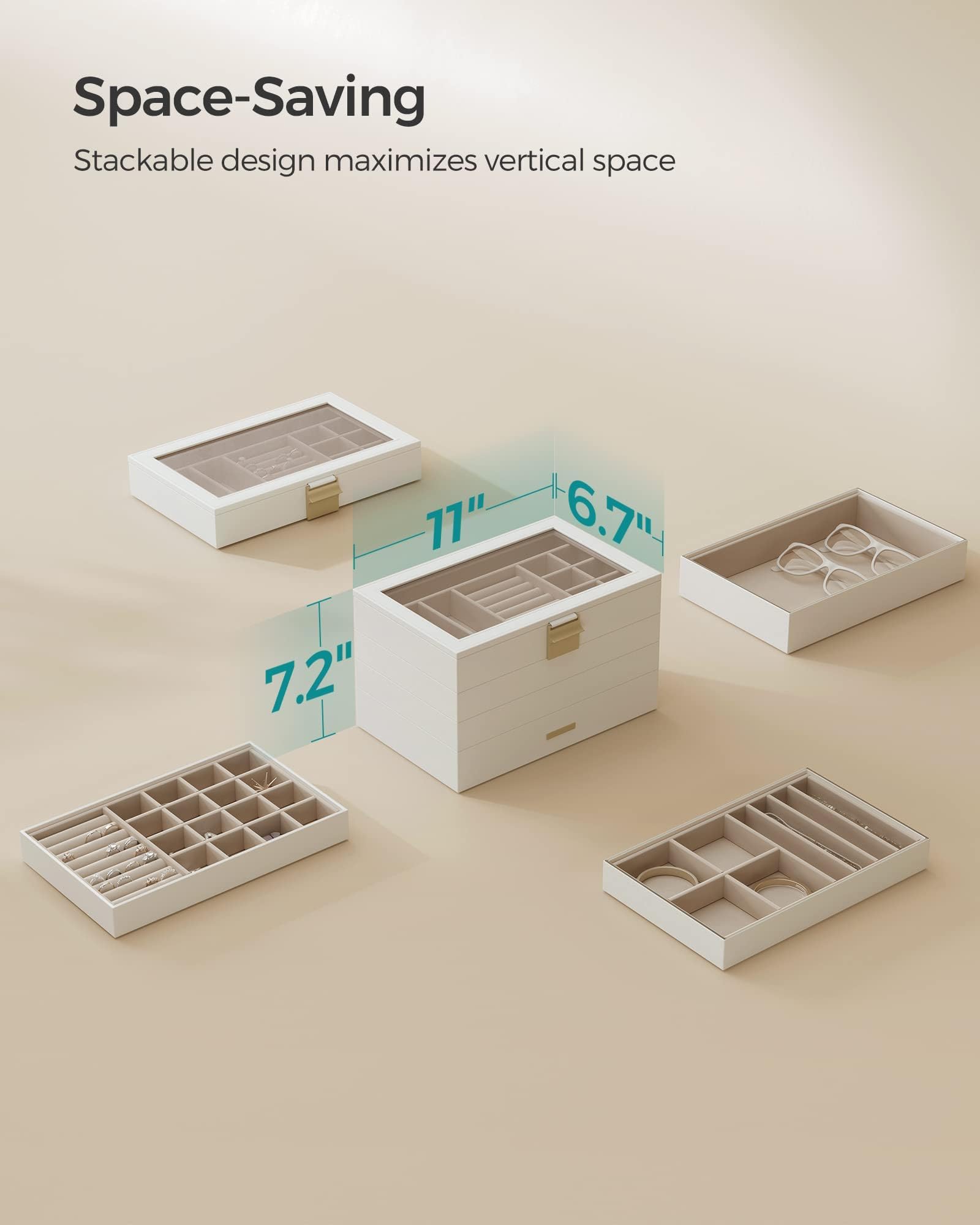 SONGMICS Stackable Jewelry Trays, 4-Tier Jewelry Box, Drawer Jewelry Organizer, with Glass Lid, Removable Dividers, for Vanity Table, 6.7 x 11 x 7.2 Inches, Gift Idea, Cloud White UJBC164W01
