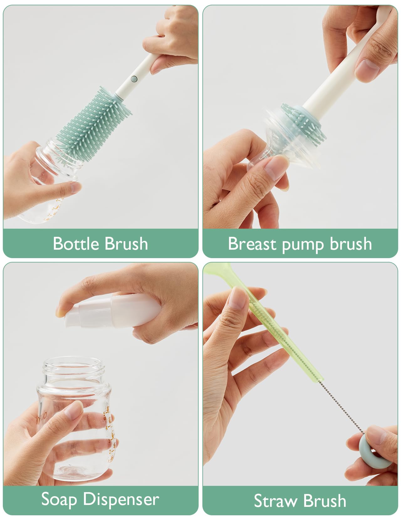 Momcozy Bottle Brush Set - Baby Bottle Cleaner Kit with Silicone Brush, Nipple Brush, Straw Brush, Soap Dispenser, Drying Rack - 7 in 1 Bottle Cleaning Tool for Home and Travel