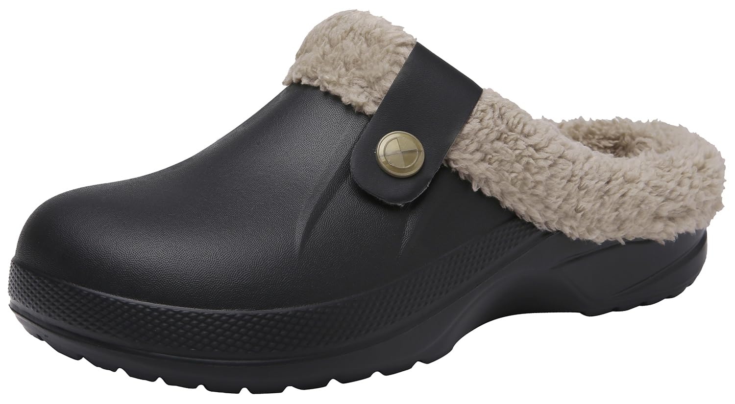 ChayChax Waterproof Slippers Women Men Fur Lined Clogs Winter Garden Shoes Warm House Slippers Indoor Outdoor Mules, Black/Grey, 9.5-10.5 Women/8.5-9 Men