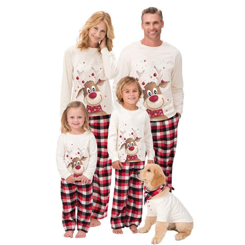 LIONVI Family Matching Christmas Pajamas Set Cotton Xmas Deer Holiday Pajamas Sleepwear Dad Mom Kids PJs (Kids, 14Years, A)