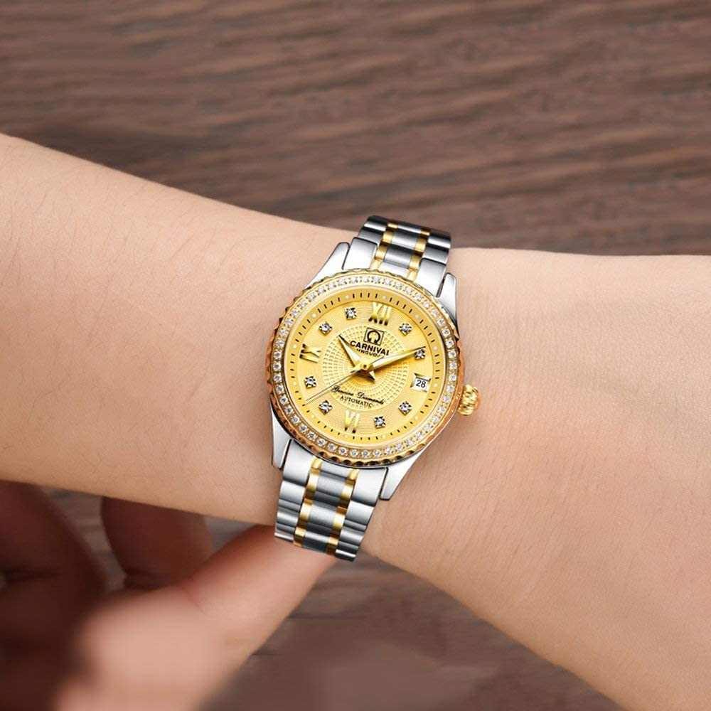BESTKANG Luxury Watches Automatic Women's 50M Waterproof Calendar Stainless Steel Mechanical Watch Self Winding (Two Tone Gold)