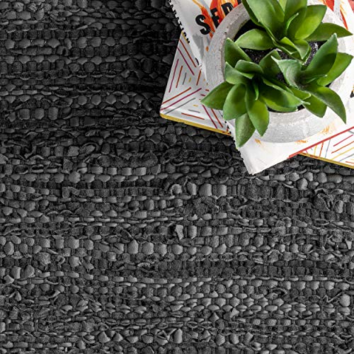 nuLOOM Sabby Hand Woven Leather Flatweave Runner Rug, 2' x 6', Black