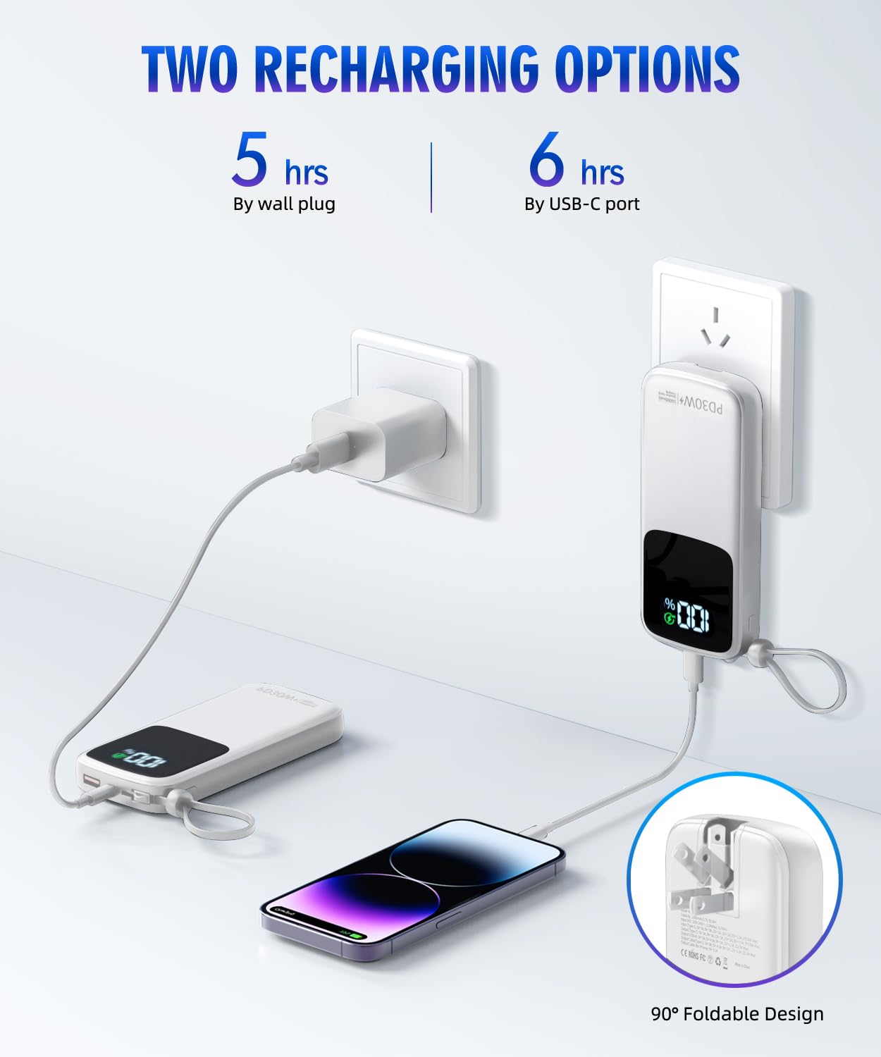 Portable-Charger-Power-Bank - 15000mAh Portable Charger PD30W Fast Charger, Built-in AC Wall Plug and 2 Output Cables with LED Display for iPhone 15 14 13 12 X Samsung S24 S23 Google iPad etc (White)