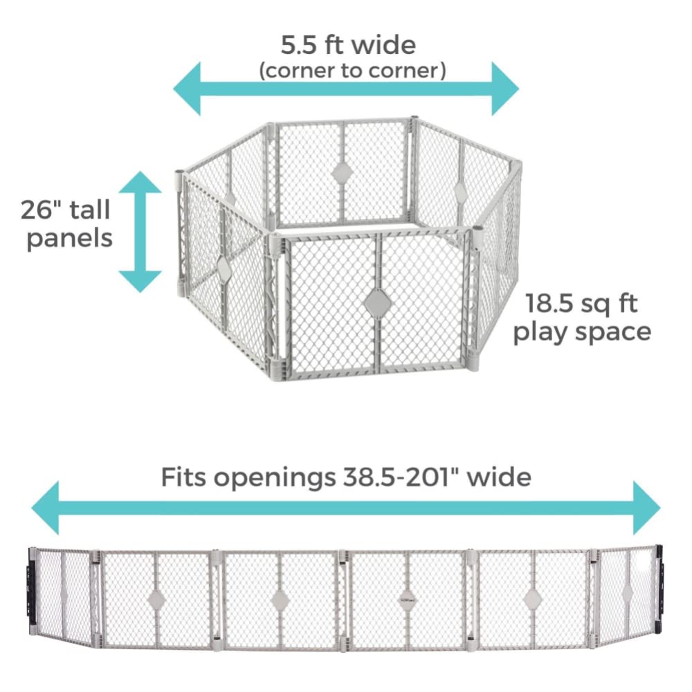 Toddleroo by North States Superyard 6 Panel Baby Play Yard. Playpen or Extra Wide Baby Gate, Wall Mount Kit Included. Made in USA. 38.5" - 201" wide, 5.5 ft corner to corner play yard (26" tall, Gray)