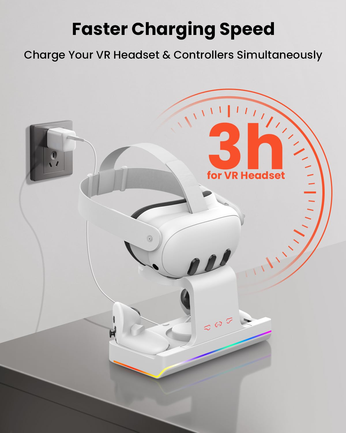 GEEKERA Charging Dock for Meta Quest 3/Oculus Quest 3, VR Headset & Controllers Charging Stand with RGB LED Light [On/Off], VR Accessories with 2 Rechargeable Batteries, Fast Charging Station