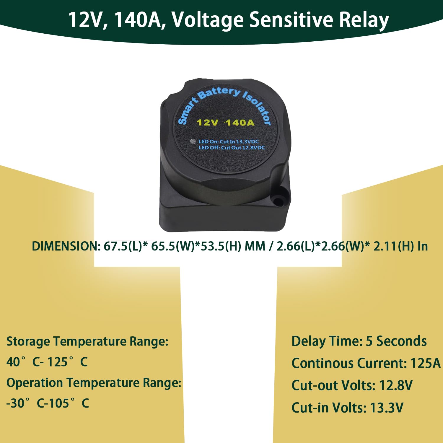 Dual Smart Battery Isolator 12V 140Amp, Voltage Sensitive Relay VSR, Double Battery Automatic Charging Relay Suitable for ATV, UTV, Boats, RV's, Marine Vehicle, Truck, Caravan