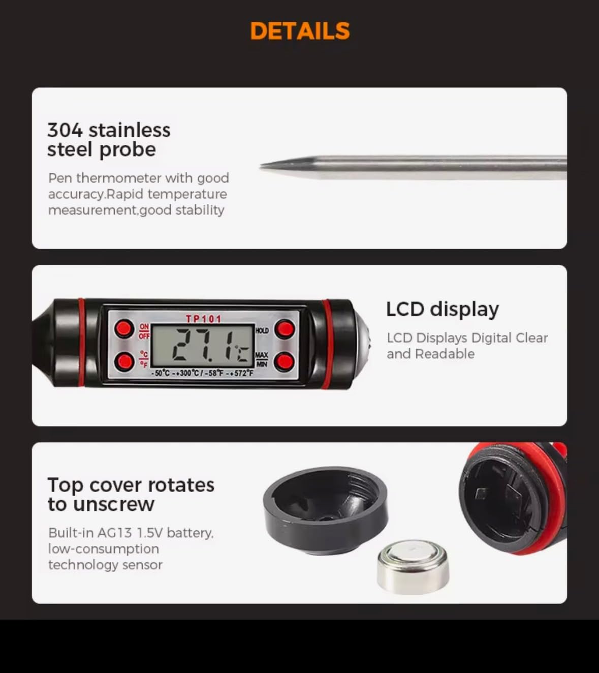 Digital Meat Thermometer – Instant Read for Grilling, Cooking, Food, Liquids – Black Stainless Steel Probe