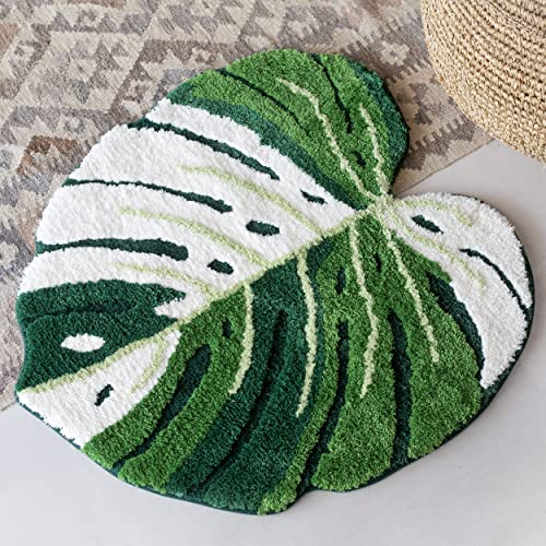 FrecklePot Pink Princess Non Slip Bath Mat or Kitchen Tufted Rug, Plant Leaf Shaped Kids Pets Floor Mat Carpet, Green, 32" x 24"