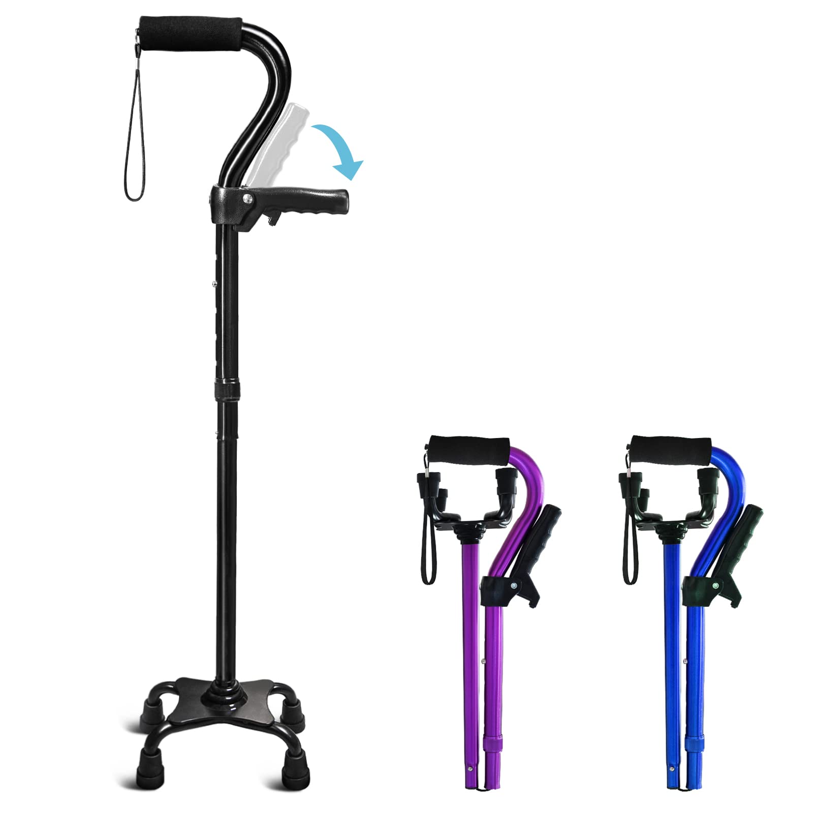 Adjustable Walking Cane for Men & Women with 4-Pronged Base for Extra Stability - Foldable Cane for Seniors with Foam Padded Offset Handle for Soft Grip & a Second Handle for Standing Black