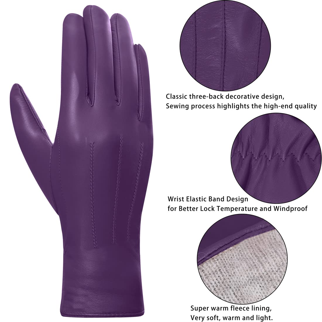 Harssidanzar Leather Gloves For Womans,Winter Warm Cashmere Lining Touchscreen Texting Warm Driving Lambskin Leather Glove GL017,Purple,Size L