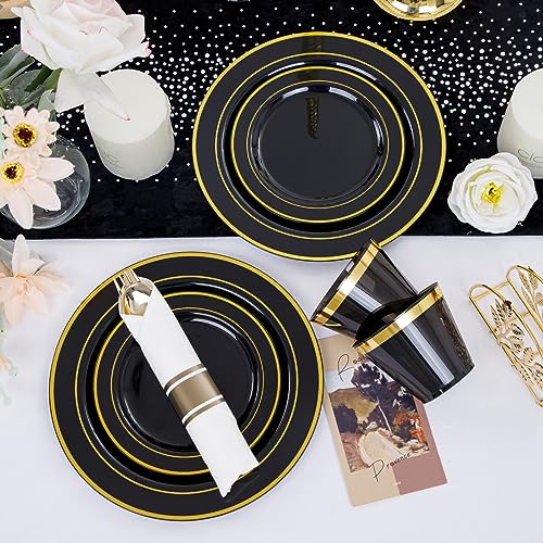 WDF Partyware 350 Pieces Black and Gold Plastic Plates with Disposable Silverware, Include 50 Dinner Plates 9”, 50 Dessert Plates 6.3”, 50 Gold Rim Black Cups 9 OZ, 50 Pre Rolled Napkins Packed in