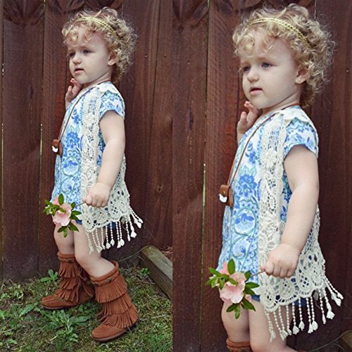 SMILING PINKER Little Girl's Crochet Vest with Fringe V neck Sleeveless Cardigan Open Front (Beige, Small)