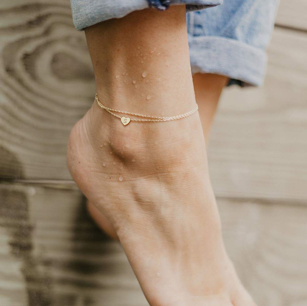 Ursteel Initial Ankle Bracelets for Women, 14K Gold Plated Ankle Bracelet with Initial J Dainty Layered Heart Gold Anklets for Women