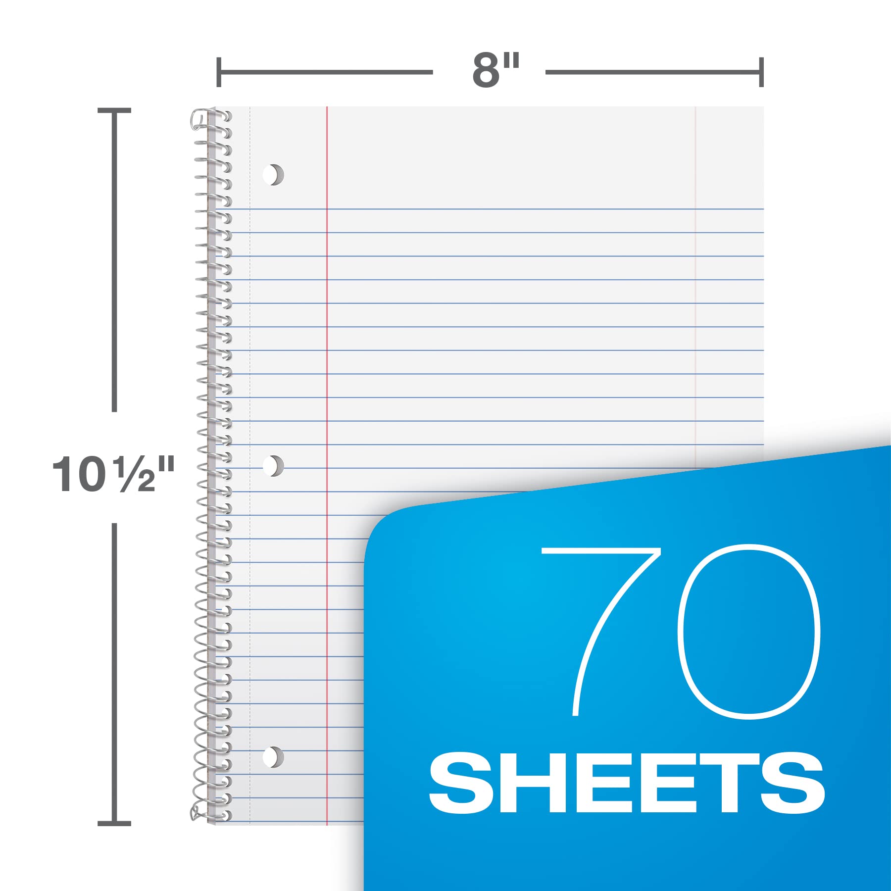 Oxford Spiral Notebook 6 Pack, 1 Subject, Wide Ruled Paper, 8 x 10-1/2 Inch, Blue, Yellow, Red, Light Blue, Green and Black, 70 Sheets (65010)