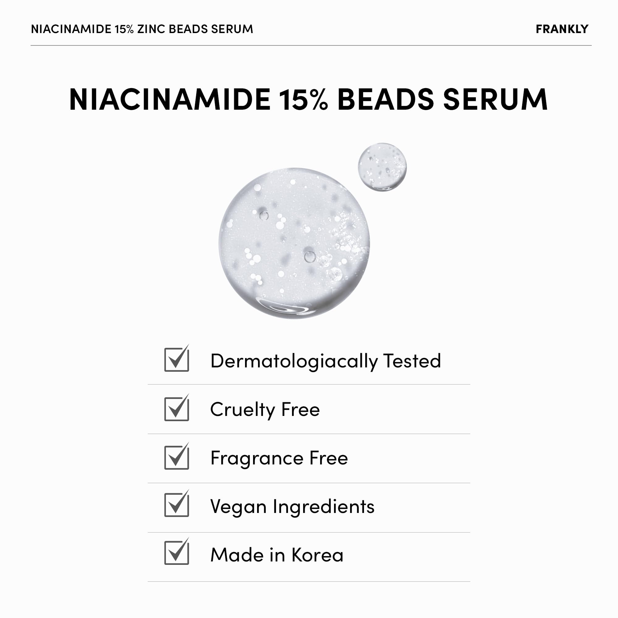 FRANKLY Niacinamide 15% & Zinc Beads Serum: Acne & Dark Spots Care, Oil Control, Even Skin Texture & Glow | Vegan & Cruelty-Free | Non-Comedogenic All skin types Korean Skincare | 1.01 fl.oz
