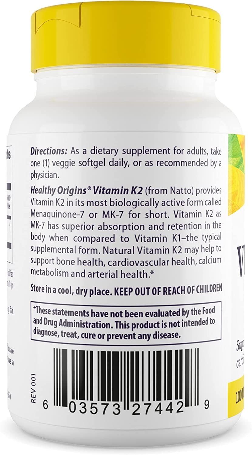 Healthy Origins Vitamin K2 as MK-7, 100 mcg - K2 Vitamins for Heart Health, Bone Health & Calcium Metabolism - Gluten-Free Supplements - 60 Veggie Softgels